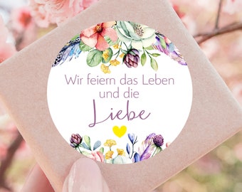 24 Wildblumen Sticker Wir feiern das Leben Liebe 4cm, bunte Blumen, Gastgeschenk Hochzeit Taufe Kommunion Geburtstag Etiketten Aufkleber