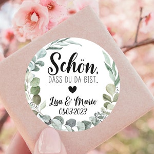 da 12 adesivi personalizzati matrimonio, bello che tu sia qui, etichette adesive per regali ospiti eucalipto 4 cm per etichette regalo