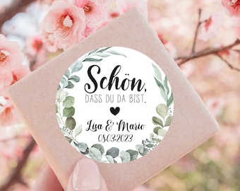 from 12 personalized wedding stickers, nice that you are there, eucalyptus guest gift sticker labels 4 cm for gift tags