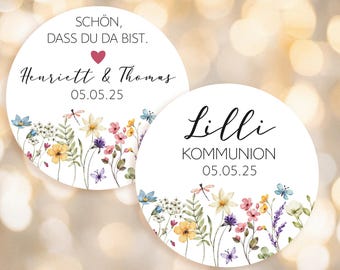 From 12 personalized wildflower stickers. Nice to have you here. Thank you. Communion, Baptism, Wedding stickers for individual party favors.