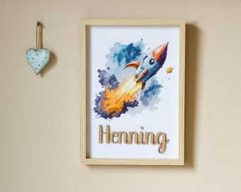 3D Weltraum Poster mit Name Wandbild Größe A4 Kinderzimmer Baby Kind Rakete Rocket Geschenk Geburt Space Geburtstag Taufe Holz Acryl Rahmen