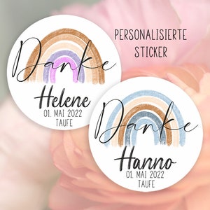 24 gepersonaliseerde stickers voor doop, bedankje, gastcadeau, regenboog, sticker, 4 cm, cadeau, voor cadeaukaartjes, met naam, blauw, roze