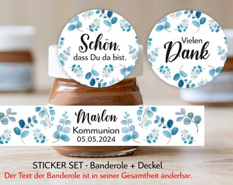 ab 20 personalisierte Sticker, im Set für Schoko Mini Glas Gläser Kommunion Konfirmation Taufe Hochzeit Gastgeschenk Aufkleber Euka blau