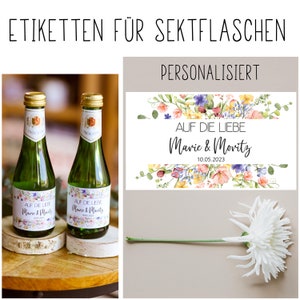 ab 5x personalisierte Sektetiketten Auf die Liebe, bunte Wildblumen, Gastgeschenk Etiketten,Aufkleber,Piccolo, Hochzeit,JGA,Eukalyptus rosa