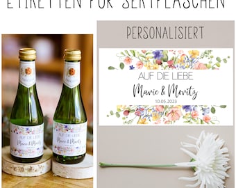 à partir de 5x étiquettes de champagne personnalisées pour l'amour, fleurs sauvages colorées, étiquettes cadeaux pour invités, autocollants, piccolo, mariage, JGA, rose eucalyptus