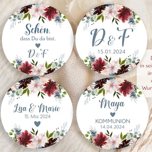 vanaf 12 gepersonaliseerde stickers bruiloft individuele zelfklevende etiketten met naam datumstickers 4 cm voor cadeaukaartjes, gastencadeaus bordeaux