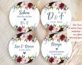 ab 12 personalisierte Sticker Hochzeit individuelle Klebeetiketten mit Name Datum Aufkleber 4cm für Geschenkanhänger, Gastgeschenke bordeaux