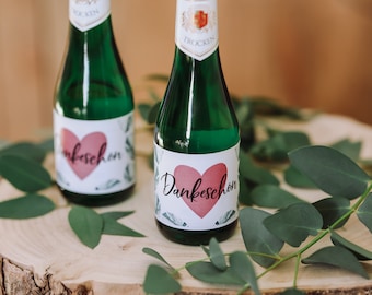 from 5x thank you champagne labels, guest gift, wedding labels, stickers, piccolo, JGA, bachelorette party, monstera, thank you heart
