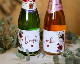 from 5x thank you champagne labels, guest gift, eucalyptus wedding labels, stickers, piccolo, JGA, bachelorette party, thank you red heart