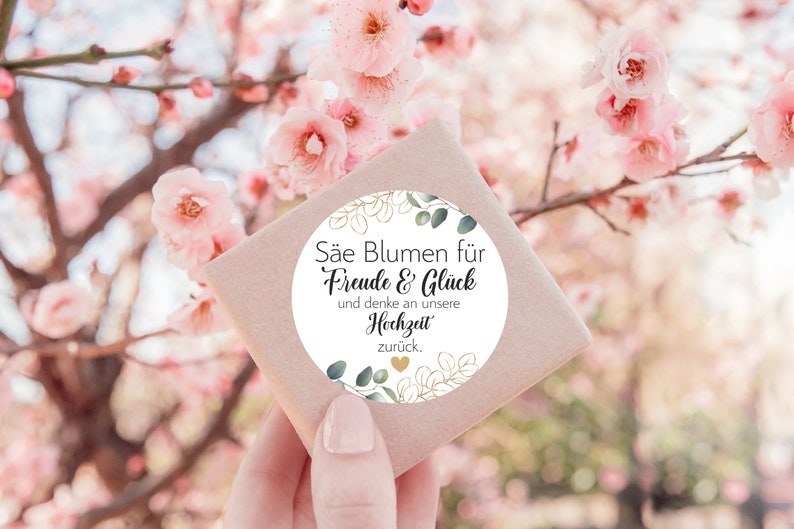 24 Sticker Säe Blumen für Freud Glück denke an zurück zur Taufe Kommunion Hochzeit Konfirmation Firmung Gastgeschenk 4cm Eukalyptus gold Bild 3