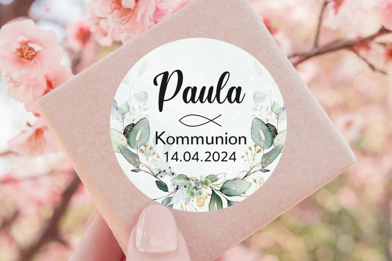 ab 12 personalisierte Sticker Kommunion Konfirmation Taufe Gastgeschenk Aufkleber Etiketten 4cm für Geschenkanhänger Anhänger Hochzeit Bild 1