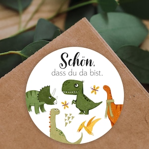 da 8 adesivi Dino È bello che tu sia qui Compleanno Battesimo Regalo per gli ospiti Adesivo per l'iscrizione alla scuola 4 cm per etichette regalo T-Rex verde