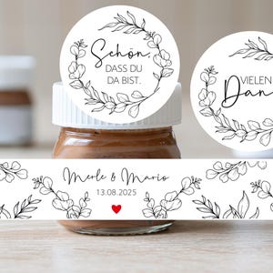 ab 20 personalisierte Sticker,im Set für Schoko Mini Glas Honig Gläser Kommunion Taufe Hochzeit Gastgeschenk Aufkleber Eukalyptus minimal