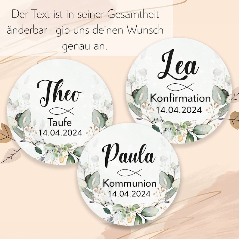 ab 12 personalisierte Sticker Kommunion Konfirmation Taufe Gastgeschenk Aufkleber Etiketten 4cm für Geschenkanhänger Anhänger Hochzeit Bild 2