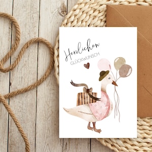 Karte süße Gans mit Luftballons DIN A6 Herzlichen Glückwunsch Glückwunschkarte Dankeskarte  Postkarte Geburtstagskarte Party Einladung Kind