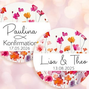 ab 12 personalisierte Sticker Wildblumen in orange pink individuelle m. Name Hochzeit Kommunion Taufe Aufkleber f individuelle Gastgeschenke