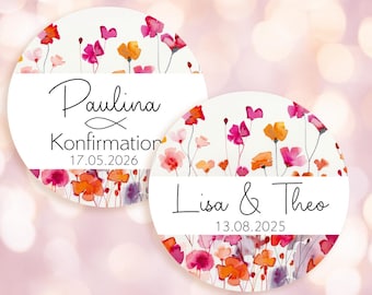 From 12 personalized wildflower stickers in orange and pink, customized with name for weddings, communions, baptisms, or as personalized party favors.