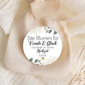 24 Sticker Säe Blumen für Freud Glück denke an zurück zur Taufe Kommunion Hochzeit Konfirmation Firmung Gastgeschenk 4cm Eukalyptus gold Bild 5