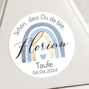 ab 12 Regenbogen Sticker Schön dass du da bist Gastgeschenk Aufkleber Etiketten 4cm für Geschenkanhänger Taufe Kommunion blau gold Name