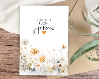 Carte postale fleurs sauvages prairie prairie fleurie DIN A6, pour vous du cœur carte de félicitations anniversaire orange pastel carte de vœux amour coloré