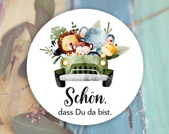 ab 12 Safari Sticker Schön, dass Du da bist, Gastgeschenk Taufe Geburtstag Einschulung Dschungel Tiere Etiketten 4cm Dankeskarte Aufkleber