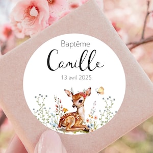 24 adesivos personalizados Bapteme em francês ou outros idiomas - veado fulvo flores rosa adesivos para presente de convidado 4 cm batismo boho