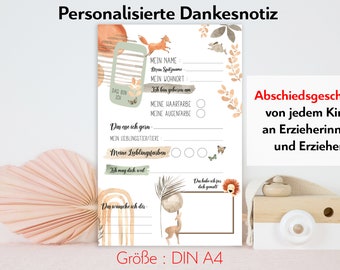 Abschiedsgeschenk für Erzieher DIN A4 von Kind an Erzieher Löwe Fuchs boho Reh Kindergarten Freundebuch Freundekarten Freundebuchseite