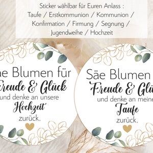 24 pegatinas siembra flores para la alegría + felicidad piensa en el bautismo comunión confirmación de boda regalo de invitado 4 cm eucalipto dorado