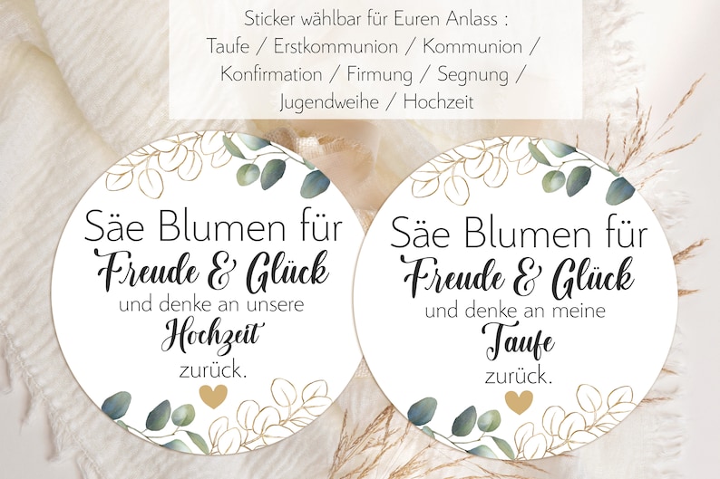 24 Sticker Säe Blumen für Freud Glück denke an zurück zur Taufe Kommunion Hochzeit Konfirmation Firmung Gastgeschenk 4cm Eukalyptus gold Bild 1