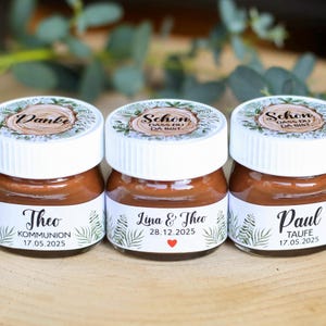 ab 20 personalisierte Sticker im Set für Schoko Mini Glas Gläser Wald Holz Baum Name Datum  Gastgeschenk Aufkleber Taufe Kommunion Hochzeit