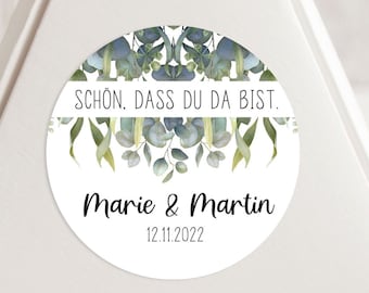 24 personalized wedding stickers "So glad you're here", 4 cm wedding favor stickers, labels for gift tags