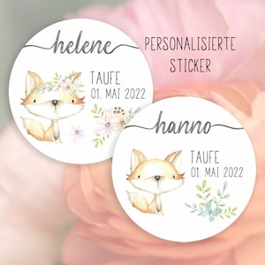24 adesivi personalizzati per battesimo, volpe, regalo ospite, adesivo, 4 cm, regalo, per etichette regalo, con nome, blu, verde, rosa
