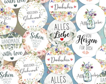 ab 8 Stück Sprüche Sticker Mix, Glückwunsch handmade Dankeschön Alles Liebe Gastgeschenk Schön, dass , hab dich lieb Etiketten 4cm Aufkleber