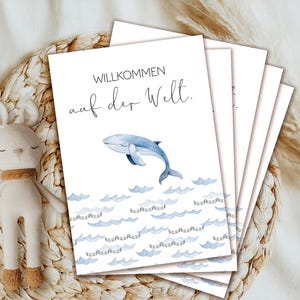 Karte Wal DIN A6, Willkommen auf der Welt Glückwunschkarte Geburt  Postkarte Babyparty Baby Kind Grußkarte Aquarell Opt. Postkarte Surfer