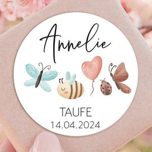 ab 12 personalisierte Sticker Biene Schmetterling Marienkäfer mit Name Datum, Taufe Geburtstag Giveaway Gastgeschenk Aufkleber Etiketten 4cm