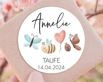 ab 12 personalisierte Sticker Biene Schmetterling Marienkäfer mit Name Datum, Taufe Geburtstag Giveaway Gastgeschenk Aufkleber Etiketten 4cm