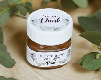 Set de 20 pegatinas personalizadas para tarros de cristal pequeños de miel y chocolate, ideales para comuniones, confirmaciones, bautizos, recuerdos de boda, etc.