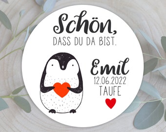 24 Sticker Taufe, Schön, dass du da bist, Gastgeschenk, Klebeetiketten, Aufkleber, Etiketten, 4cm , Geschenk, für Geschenkanhänger, Pinguin