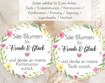 24 Sticker Säe Blumen für Freud + Glück denke an zurück zur Taufe Kommunion Hochzeit Konfirmation Wildblumen bunt Gastgeschenk 4cm rosa gelb
