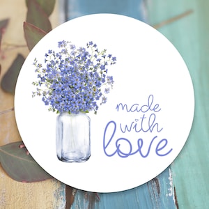 24 pegatinas hechas con amor - para tarjetas, etiquetas de papel, etiquetas, adhesivo, morado, redondo, 4 cm, 40 mm, flores, flores, pegatinas, pasteles, tarros de mermelada