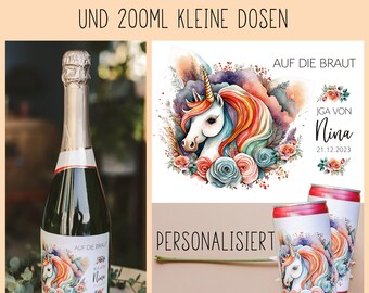 ab 3x personalisierte Einhorn Etiketten für 0,75L Sektflaschen, JGA Sticker 12 x 9 cm Name Aufkleber Gastgeschenk 200ml Dose Auf die Braut