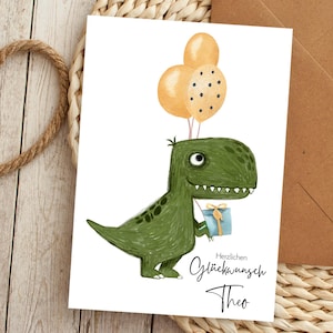 Dino Karte Geburtstag DIN A6 Glückwunschkarte coole Postkarte Punkte Luftballon Geburtstagskarte Geschenk Dinosaurier T-Rex, optional + Name