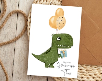 Carte Dino anniversaire DIN A6 carte de félicitations carte postale cool ballon à pois carte d'anniversaire cadeau dinosaure T-Rex, en option + nom