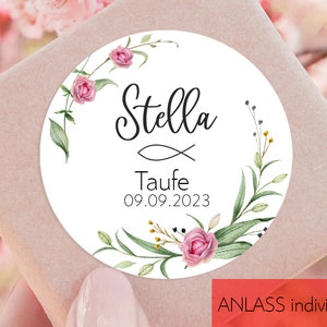 ab 12 personalisierte Sticker Schön, dass Du da bist Taufe Kommunion Konfirmation Gastgeschenk Aufkleber 4cm Name Datum rosa Fisch Wildblume
