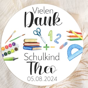 24 personalisierte Sticker Vielen Dank Schulkind mit Name Datum Aufkleber 4cm Gastgeschenk Schuleingang Schulanfang Geschenk Giveaway Danke Bild 1