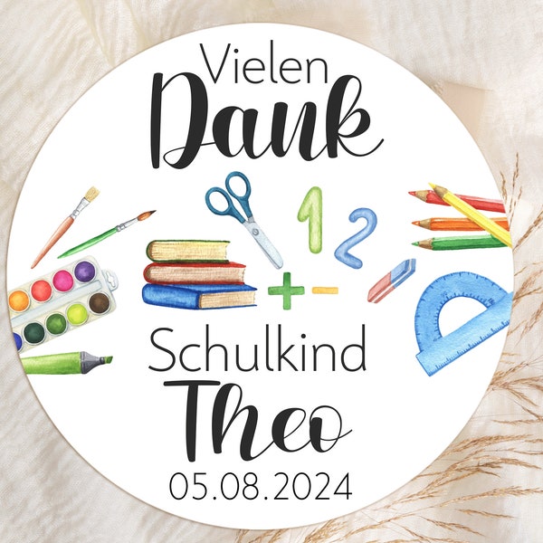 24 personalisierte Sticker Vielen Dank Schulkind  mit Name Datum Aufkleber 4cm Gastgeschenk Schuleingang Schulanfang Geschenk Giveaway Danke