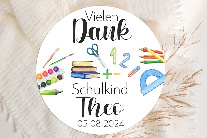 24 personalisierte Sticker Vielen Dank Schulkind mit Name Datum Aufkleber 4cm Gastgeschenk Schuleingang Schulanfang Geschenk Giveaway Danke Bild 1