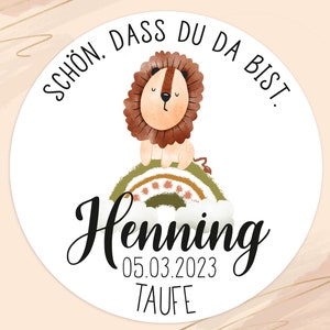 ab 12 personalisierte Sticker Taufe Löwe Regenbogen Gastgeschenk Aufkleber Etiketten 4cm für Geschenkanhänger Name Kommunion Konfirmation