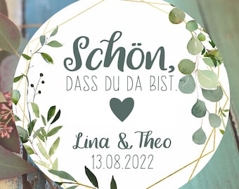 45 personalisierte Sticker Hochzeit - Schön, dass du da bist, Gastgeschenk, Klebeetiketten, Aufkleber, Etiketten, 4cm, für Geschenkanhänger