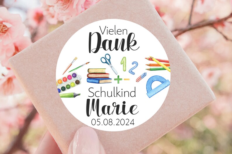 24 personalisierte Sticker Vielen Dank Schulkind mit Name Datum Aufkleber 4cm Gastgeschenk Schuleingang Schulanfang Geschenk Giveaway Danke Bild 2